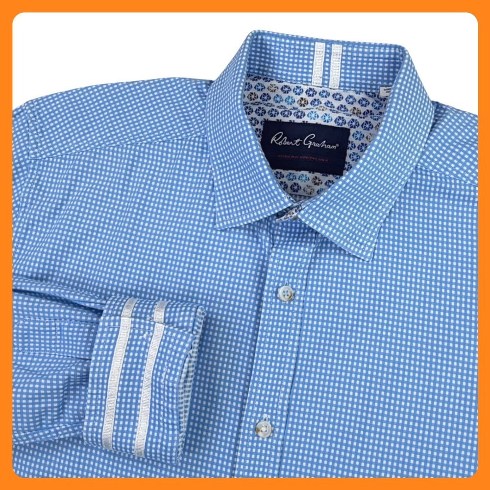 Robert Graham Modern Americana Shirt Men XL Blue Gingham‎ Flip Cuff Tailored Fit